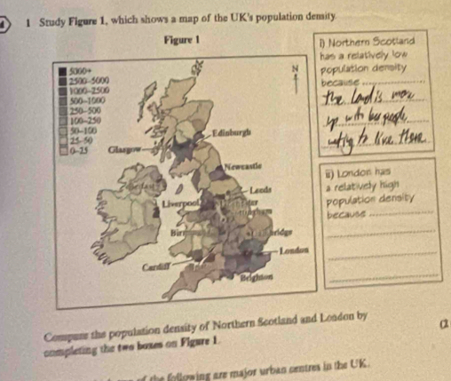 Study Figure 1, which shows a map of the UK's population density. 
) Northern Scotland 
has a relatively low 
population density 
because 
_ 
_ 
_ 
ii) London has 
a relatively high 
population density 
because 
_ 
_ 
_ 
_ 
Compans the population density of Northern Scotland and London by 
completing the two boxes on Figure 1. 0 
ling are major urban centres in the UK.