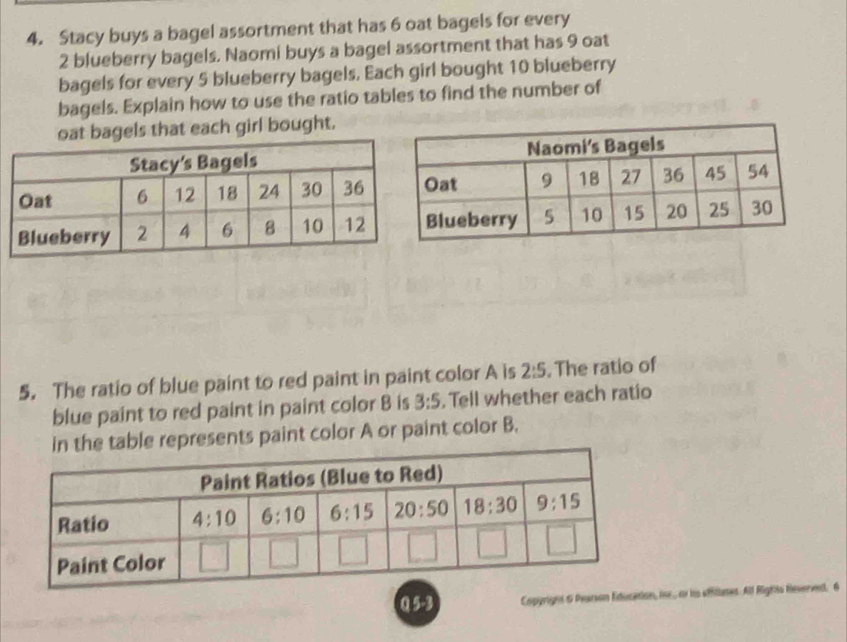 Stacy buys a bagel assortment that has 6 oat bagels for every
2 blueberry bagels. Naomi buys a bagel assortment that has 9 oat
bagels for every 5 blueberry bagels. Each girl bought 10 blueberry
bagels. Explain how to use the ratio tables to find the number of
oat bagels that each girl bought.
5. The ratio of blue paint to red paint in paint color A is 2:5. The ratio of
blue paint to red paint in paint color B is 3:5. Tell whether each ratio
e represents paint color A or paint color B.
Q 5-3 Capgrignt & Pearson Educat, ie,, o hs effilimes. All Rignis Reverved. 6