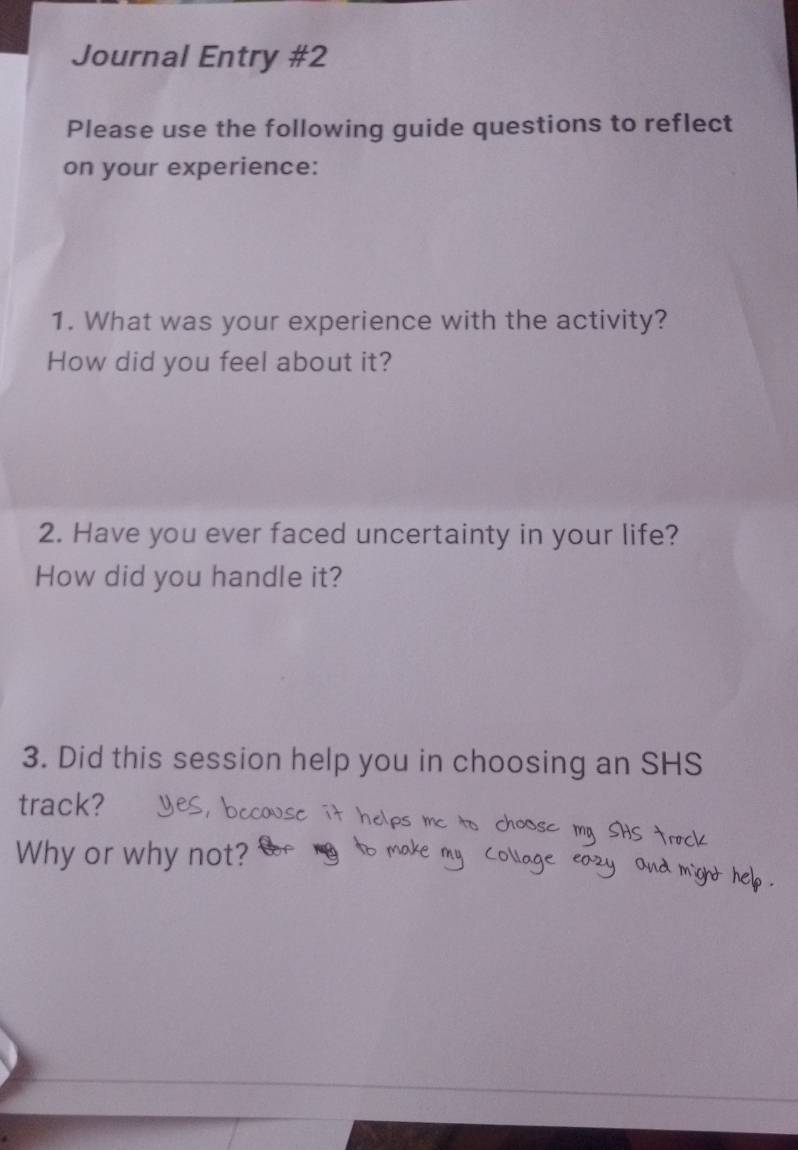 Journal Entry #2 
Please use the following guide questions to reflect 
on your experience: 
1. What was your experience with the activity? 
How did you feel about it? 
2. Have you ever faced uncertainty in your life? 
How did you handle it? 
3. Did this session help you in choosing an SHS 
track? 
Why or why not?