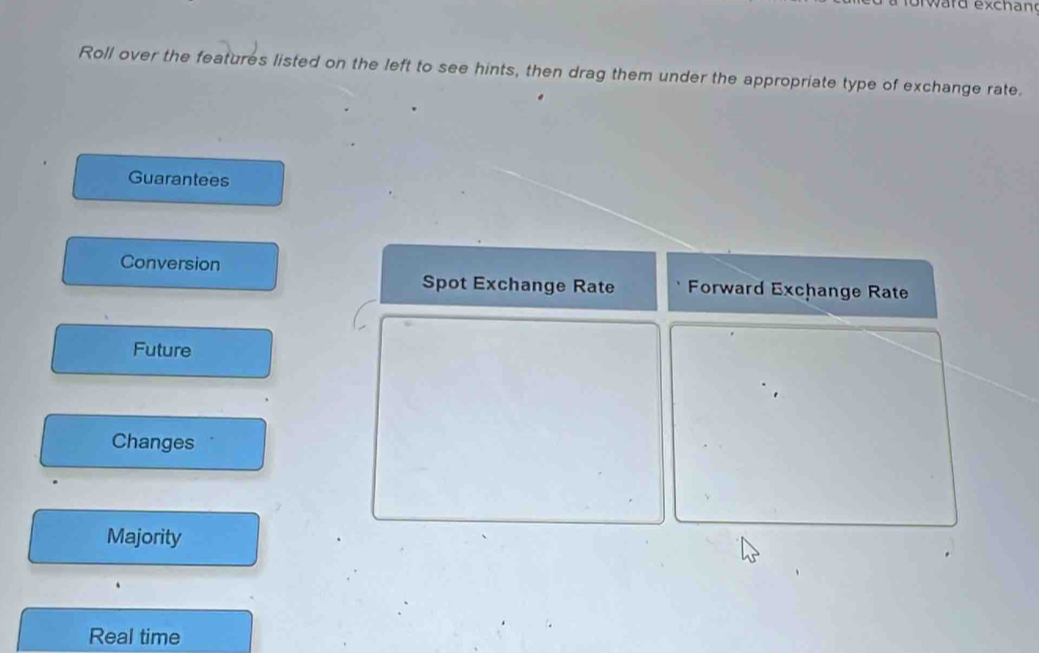 orward exchand 
Roll over the features listed on the left to see hints, then drag them under the appropriate type of exchange rate. 
Guarantees 
Conversion 
Spot Exchange Rate Forward Exchange Rate 
Future 
Changes 
Majority 
Real time