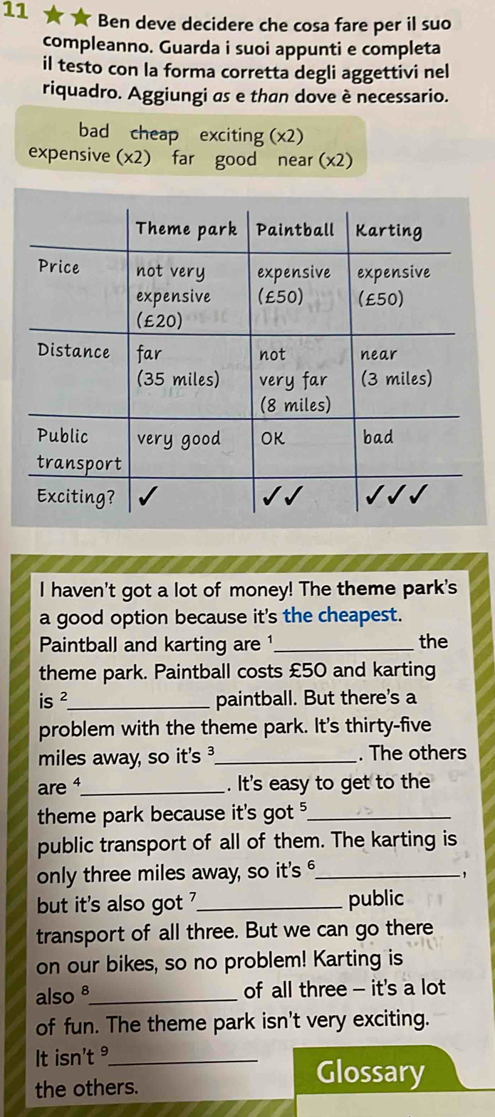 Ben deve decidere che cosa fare per il suo 
compleanno. Guarda i suoi appunti e completa 
il testo con la forma corretta degli aggettivi nel 
riquadro. Aggiungi as e than dove è necessario. 
bad cheap exciting (x2) 
expensive (x2) far good near (x2) 
I haven't got a lot of money! The theme park's 
a good option because it's the cheapest. 
Paintball and karting are ¹_ the 
theme park. Paintball costs £50 and karting 
is²_ paintball. But there's a 
problem with the theme park. It's thirty-five 
miles away, so it's ³ _ . The others 
are 4 _ . Its easy to get to the 
theme park because it's got _ 
public transport of all of them. The karting is 
only three miles away, so it's _ 
but it's also got _public 
transport of all three. But we can go there 
on our bikes, so no problem! Karting is 
also 8 _ of all three - it's a lot 
of fun. The theme park isn't very exciting. 
It isn't °_ 
the others. 
Glossary