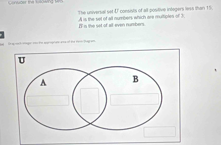 Consider the following sets 
The universal set U consists of all positive integers less than 15; 
A is the set of all numbers which are multiples of 3; 
B is the set of all even numbers. 
7 
(a) Drag each integer into the appropriate area of the Venn Diagram.