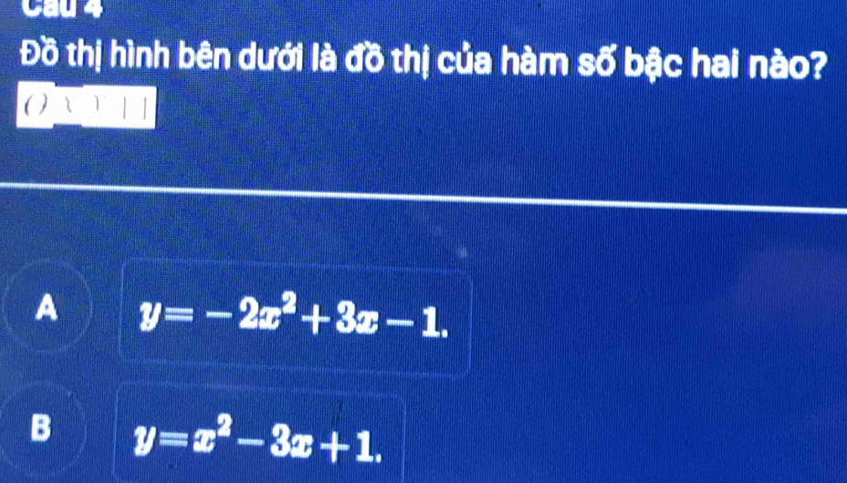 Cầu 4
Đồ thị hình bên dưới là đồ thị của hàm số bậc hai nào?
( ) X 1
A y=-2x^2+3x-1.
B y=x^2-3x+1.