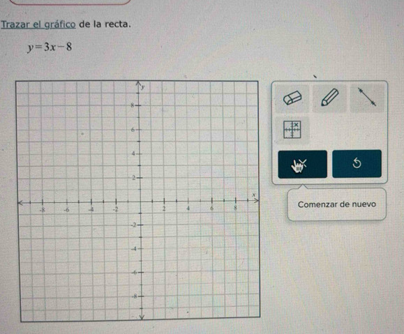 Trazar el gráfico de la recta.
y=3x-8
Comenzar de nuevo