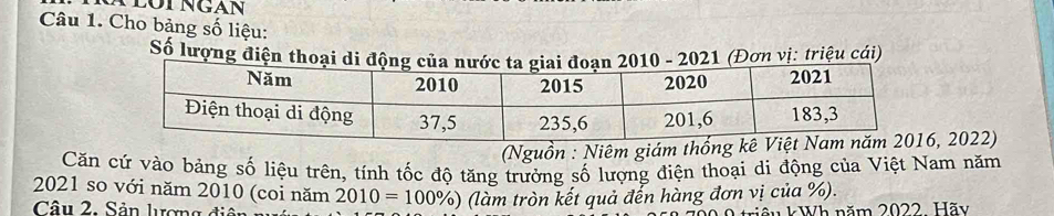 Cho bảng số liệu: 
Số lượng điện thoại di đ010 - 2021 (Đơn vị: triệu cái) 
(Nguồn : Niêm giám thống, 2022) 
Căn cứ vào bảng số liệu trên, tính tốc độ tăng trưởng số lượng điện thoại di động của Việt Nam năm
2021 so với năm 2010 (coi năm 2010=100% ) (làm tròn kết quả đến hàng đơn vị của %). 
Câu 2. Sản lương đi âu kWh năm 2022 Hãy