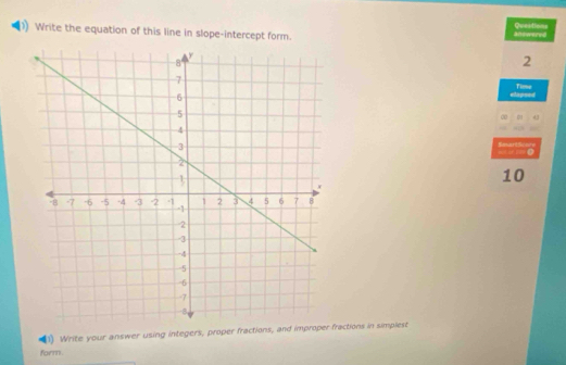 Queations 
Write the equation of this line in slope-intercept form. answered 
2 
Time 
elapeed 
00 4 
SmartSicace 
10 
1) Write your answer using integers, proper fractions, and improper fractions in simpiest 
form.