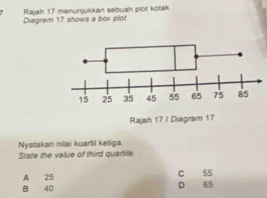 Rajah 17 menunjukkan sebuah plot kotak.
Diagram 17 shows a box plot
Nyatakan nilai kuartil ketiga.
State the value of third quartile.
A 25
C 55
B 40
D 65