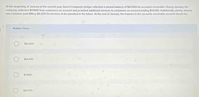 At the beginning of January of the current year, Sorrel Company's ledger reflected a normal balance of $67,000 for accounts receivable. During January, the
company collected $17,800 from customers on account and provided additional services to customers on account totaling $14,000. Additionally, during January
one customer paid Mikey $6,500 for services to be provided in the future. At the end of January, the balance in the accounts receivable account should be:
Multiple Choice
$63,200
$64,300.
$3,800
$69,700