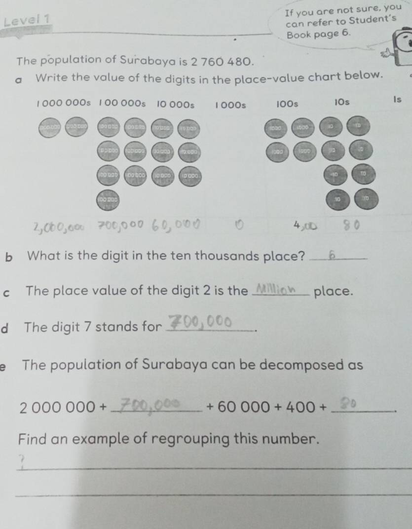 If you are not sure, you 
Level 1 
can refer to Student’s 
Book page 6. 
The population of Surabaya is 2 760 480. 
a Write the value of the digits in the place-value chart below.
1 000 000s 1 00 000s 10 000s 1000s 100s 10s Is

4
b What is the digit in the ten thousands place?_ 
c The place value of the digit 2 is the _place. 
d The digit 7 stands for_ 
e The population of Surabaya can be decomposed as
2000000+ _ 
_ +60000+400+. 
Find an example of regrouping this number. 
_ 
_