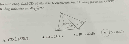 ho hình chóp S. ABCD có đáy là hình vuông, cạnh bên SA vuông góc với đây (ABCD) .
Khẳng định nào sau đây sai?
A. CD⊥ (SBC). B. SA⊥ (ABC). C. BC⊥ (SAB). D. BD⊥ (SAC).