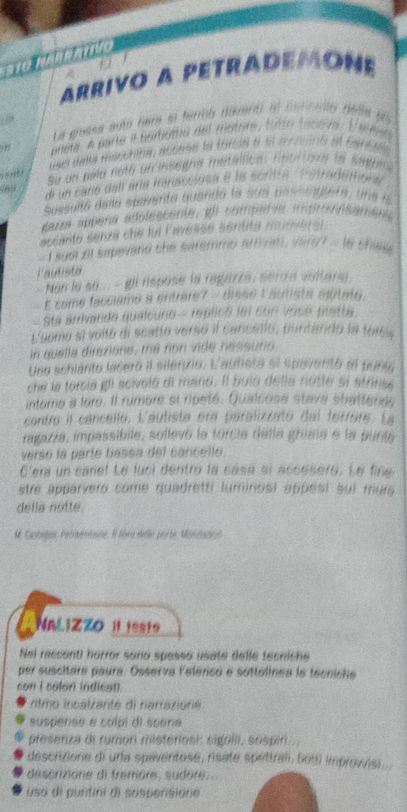 ARRIVO a PETRADEMONE
La gessa auto hera el fermó diventi el caricelle della pl
in pheta. A parte il borbottio del motore, futto tceva, U eulen
usel della macchina, accese la torcla e el a racinó el bancale
    
Su un pala notó un insegna metállica: fnortova la saegoma
di un care dall aria minacciosa e la scritta ''Petradémona''
Sussultó della spavento quando la sua pas se piera, una l
gazza appena adolescente, gli comparíe impronsamena
accanto senza che lui l'avesse sentita musversl
- I suul zl sapevand che saremmo arrivant, ver07 - le chies
l'autista
Non le so... - gli nspose la regarza, séroia soltarsi,
É come facciamo a entrare? - dissé 1 autista aútato
- Sta amrivando qualcuno - replicó lel con vose pletta.
Luomo si voltó di scatto versó il cancello, puntando la toi6s
in quella dirézione, ma non vide néssuno
Uno schiánto lacero il silerzio. L'aufista el spavento el punta
che la torcía gli scivoló di mano. Il bulo della notte si atrinse
intoro a loro. Il rumore si ripeté. Qualcosa stava sbattendo
cantro il cancello. L'autista era paralizzato del terrore. La
ragazza, impassíbile, sollevö la forcia della ghiaia e la punta
verso la paríe bassa del cancello.
C'era un canel Le luci dentro la cásá si accesero. Le fine
stre apparvero come quadretti luminosi appési suí mura
della notte.
M. Castegur, Pelrodemune, Il lilra delle porte, Miidadon
NaLizZo iI testo
Nei racconti horror soro spesso usate delle tecriche
per suscitare paura. Osserva lelenco e softolinea ie tecniche
con I color indican.
rtmo incalzante di narrazione
suspense e colpi di ssene
presenza di rumon misteriosi eigolli, sospin .
descrizione di una spaventose, rsate spettrali, boti improvvis ...
descrizione di tremore, sudore..
uso di puntini di saspensione