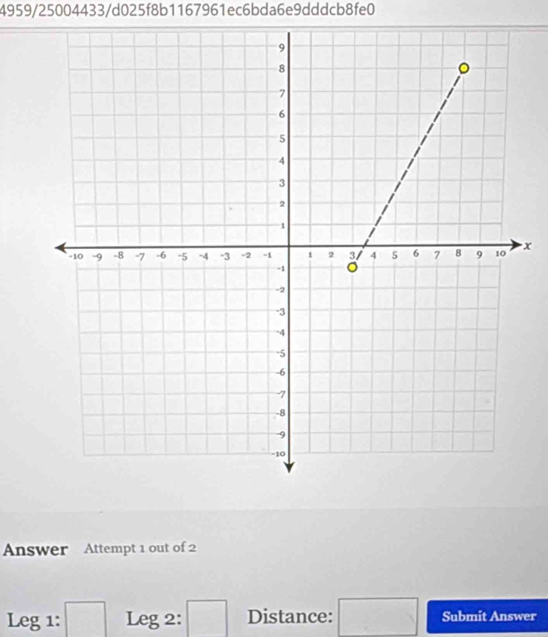 4959/25004433/d025f8b1167961ec6bda6e9dddcb8fe0 
x 
Answer Attempt 1 out of 2 
Leg 1: □ Leg 2: □ Distance: □ Submit Answer