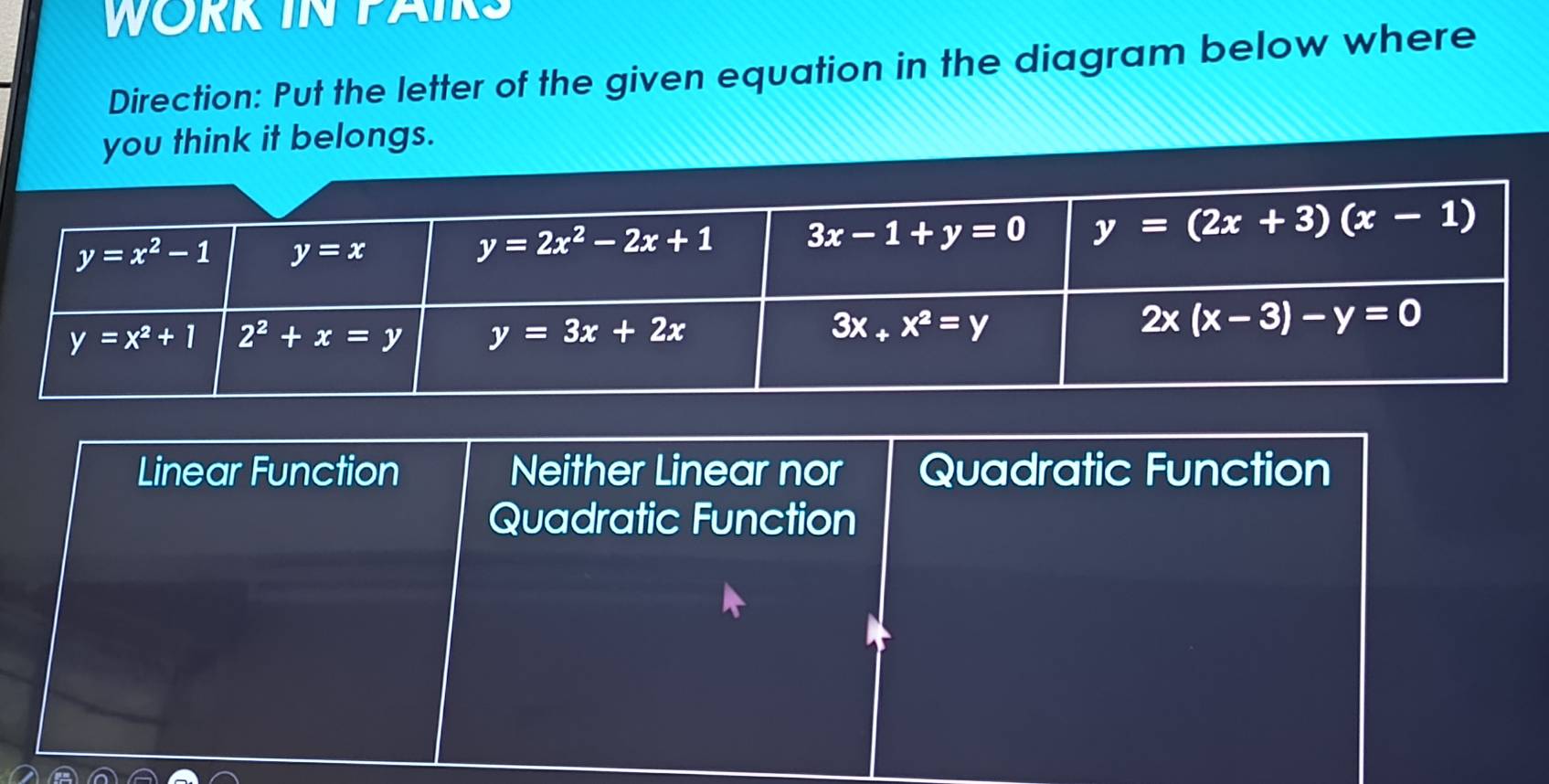 WORK IN PAIRS
Direction: Put the letter of the given equation in the diagram below where
you think it belongs.
Linear Function Neither Linear nor Quadratic Function
Quadratic Function