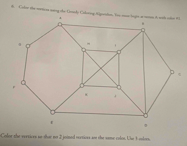 Color the vertices using the Greedy Coloring Algorithm. Yo. 
Color the vertices so that no 2 joined vertices are the same color. Use 3 colors.