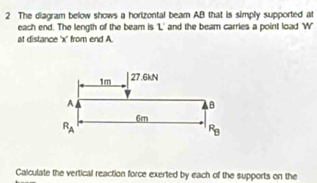 The diagram below shows a horizontal bear AB that is simply supported at
each end. The length of the beam is 'L' and the beam carries a point load W
at distance 'x' from end A
Caiculate the vertical reaction force exerted by each of the supports on the