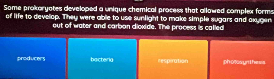 Some prokaryotes developed a unique chemical process that allowed complex forms
of life to develop. They were able to use sunlight to make simple sugars and oxygen
out of water and carbon dioxide. The process is called
producers bacteria respiration photosynthesis