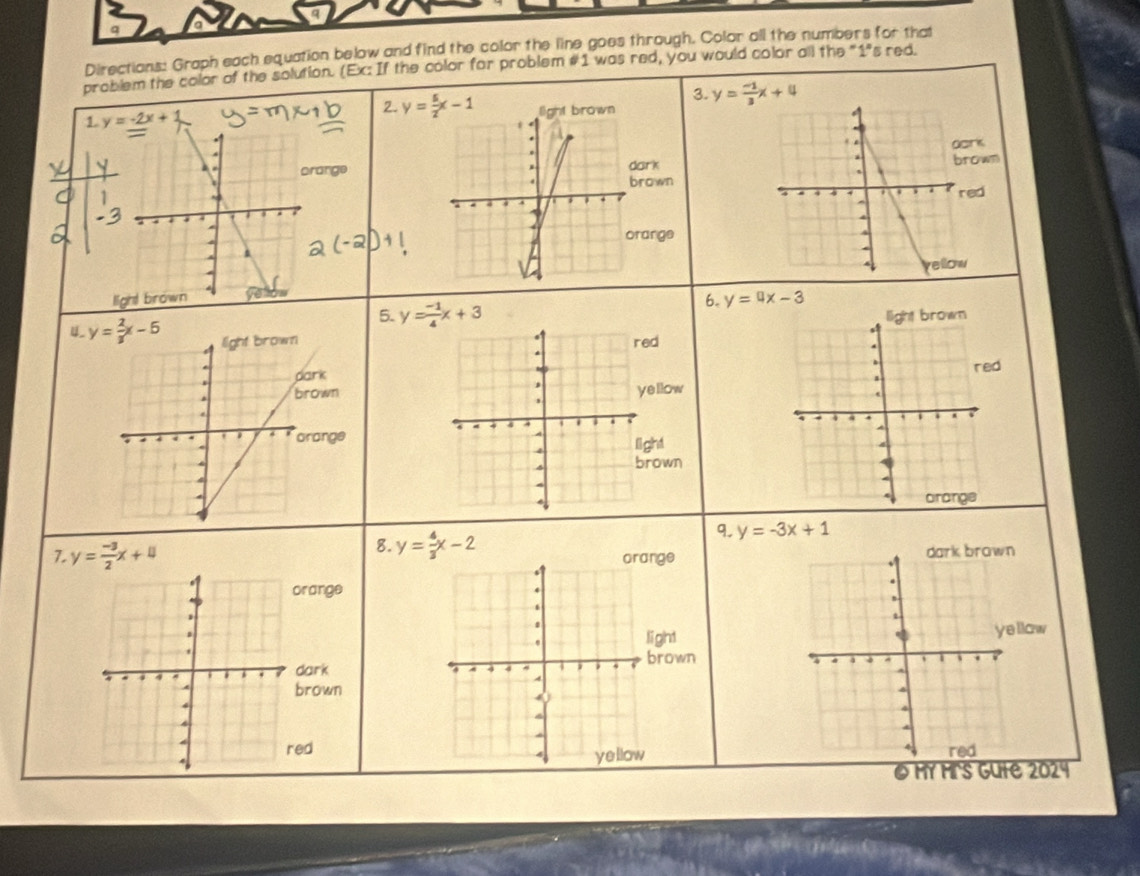 Directions: Graph each equation below and find the color the line goes through. Color all the numbers for that
problem the color of the solution. (Ex: If the color for problem #1 was red, you would color all the "1"s red.
2. 
3. y= (-1)/3 x+4
1 y=-2x+1
k
angerkwn
own
d
arge
light brown 6. y=4x-3
5. y= (-1)/4 x+3 light brown
  
4 
red
a
low
.
A
t
4
wn
arange
8. y= 4/3 x-2
q. y=-3x+1
7. y= (-3)/2 x+4 orange dark brown
.
orange
.
4
t
.
light yellaw
brown
4 4 4 4
a
dark . 、
a
A brown
4
4
4
4
red red
yellow
O my mr's Gute 2029