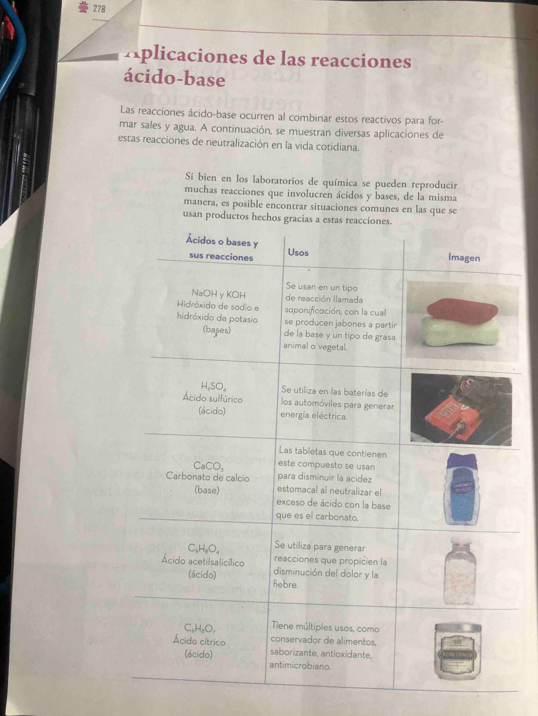 278 
Aplicaciones de las reacciones 
ácido-base 
Las reacciones ácido-base ocurren al combinar estos reactivos para for- 
mar sales y agua. A continuación, se muestran diversas aplicaciones de 
estas reacciones de neutralización en la vida cotidiana. 
Si bien en los laboratorios de química se pueden reproducir 
muchas reacciones que involucren ácidos y bases, de la misma 
manera, es posible encontrar situaciones comunes en las que se 
usa