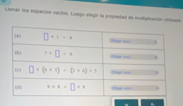 Llenar los espacios vacíos. Luego elegir la propiedad de multiplicación utilizada.
Y 6