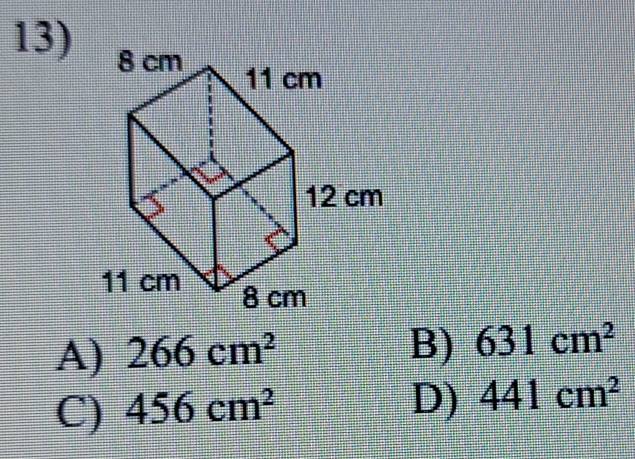 A) 266cm^2 B) 631cm^2
C) 456cm^2
D) 441cm^2