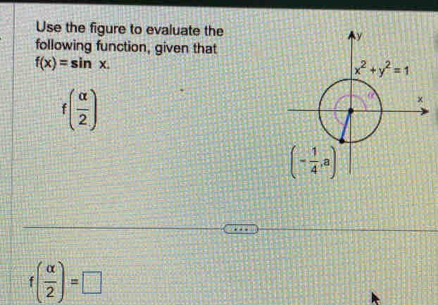 Use the figure to evaluate the
following function, given that
f(x)=sin x.
f( alpha /2 )
f( alpha /2 )=□