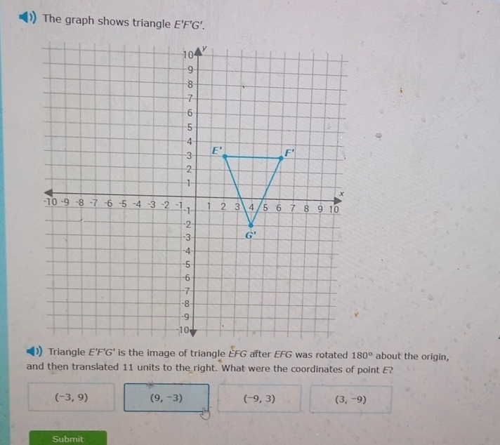 The graph shows triangle E'F'G'.
180° about the origin,
and then translated 11 units to the right. What were the coordinates of point E?
(-3,9) (9,-3) (-9,3) (3,-9)
Submit