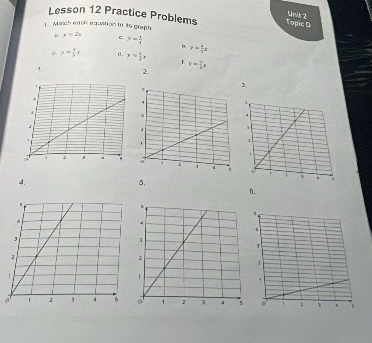 Lesson 12 Practice Problems 
Unit 2 
Topic D 
1. Match each equation to its graph. 
a. y=2x
c. y= 1/4  e 
b. y= 4/5 x y= 4/3 x
d. y= 2/3 x y= 3/2 x
f. 
1. 
2. 
3. 

4. 
5. 
6,