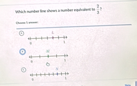 Which number line shows a number equivalent to  2/3  ? 
Choose 1 answer: 
a 
h