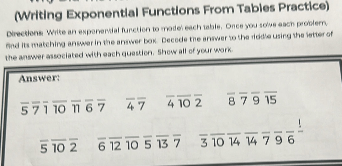 (Writing Exponential Functions From Tables Practice) 
Directions: Write an exponential function to model each table. Once you solve each problem, 
find its matching answer in the answer box. Decode the answer to the riddle using the letter of 
the answer associated with each question. Show all of your work. 
Answer: 
_ 
__
5 7 1 _ 10 _ 71 _ 6 7 _ overline 4overline 7 overline 4overline 10overline 2 __ 8 7 9 I overline 15

__ 
_ 
_ 
__ 
_ 5 10_ overline 2 6__ 12 _10 5_ 73 _ a 7 overline 3overline 10 _ 14 14 7 9 6