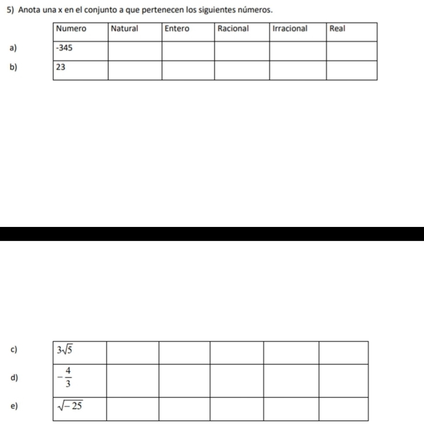 Anota una x en el conjunto a que pertenecen los siguientes números.
a)
b)
c)
d)
e)