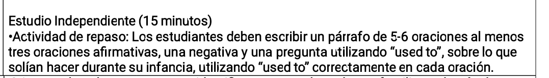 Estudio Independiente (15 minutos) 
•Actividad de repaso: Los estudiantes deben escribir un párrafo de 5-6 oraciones al menos 
tres oraciones afirmativas, una negativa y una pregunta utilizando “used to”, sobre lo que 
solían hacer durante su infancia, utilizando “used to” correctamente en cada oración.