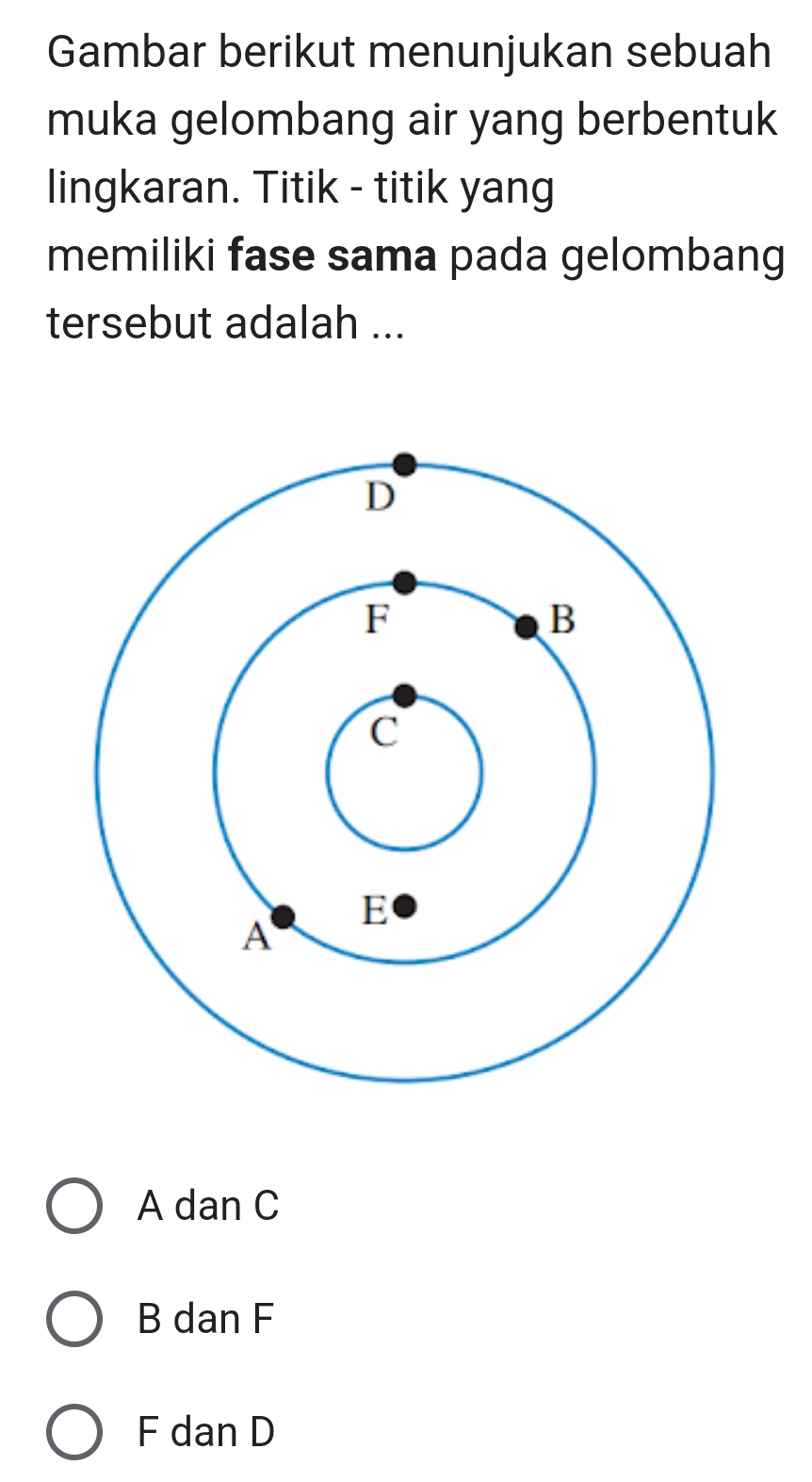 Gambar berikut menunjukan sebuah
muka gelombang air yang berbentuk
lingkaran. Titik - titik yang
memiliki fase sama pada gelombang
tersebut adalah ...
D
F
B
C
E
A
A dan C
B dan F
F dan D