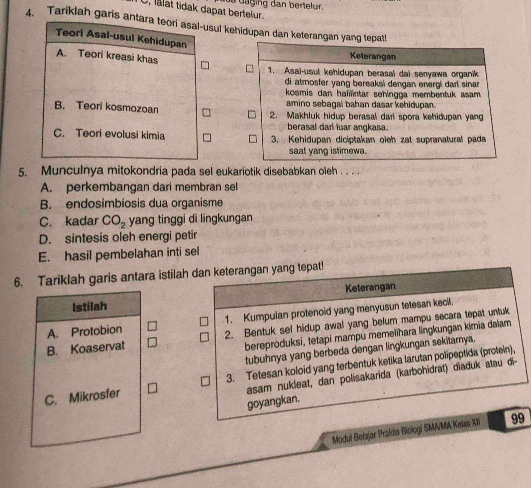 a daging dan bertelur.
C, lalat tidak dapat bertelur.
4. Tariklah garis antara teori asal-usul kehidupan dan keterangan yang tepat!
Teori Asal-usul Kehidupan
A. Teori kreasi khas
Keterangan
1. Asal-usul kehidupan berasal dai senyawa organik
di atmosfer yang bereaksi dengan energi dari sinar
kosmis dan halilintar sehingga membentuk asam
B. Teori kosmozoan
amino sebagai bahan dasar kehidupan.
2. Makhluk hidup berasal dari spora kehidupan yang
berasal dari luar angkasa.
C. Teori evolusi kimia
3. Kehidupan diciptakan oleh zat supranatural pada
saat yang istimewa.
5. Munculnya mitokondria pada sel eukariotik disebabkan oleh . . . .
A. perkembangan dari membran sell
B. endosimbiosis dua organisme
C. kadar CO_2 yang tinggi di lingkungan
D. sintesis oleh energi petir
E. hasil pembelahan inti sel
6. Tariklah garis antara istilah dan keterangan yang tepat!
Istilah Keterangan
A. Protobion 1. Kumpulan protenoid yang menyusun tetesan kecil.
B. Koaservat 2. Bentuk sel hidup awal yang belum mampu secara tepat untuk
bereproduksi, tetapi mampu memelihara lingkungan kimia dalam
tubuhnya yang berbeda dengan lingkungan sekitarnya.
C. Mikrosfer 3. Tetesan koloid yang terbentuk ketika larutan polipeptida (protein),
asam nukleat, dan polisakarida (karbohidrat) diaduk atau di-
goyangkan.
Modul Belajar Praktis Biologi SMA/MA Kelas XII 99