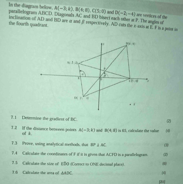 In the diagram below, A(-3;k),B(4;8),C(5;0) and D(-2;-4) are vertices of the
parallelogram ABCD. Diagonals AC and BD bisect each other at P. The angles of
inclination of AD and BD are α and β respectively. AD cuts the x-axis at E, F is a point in the fourth quadrant.
7.1 Determine the gradient of BC.
(2)
7.2 If the distance between points A(-3;k) and B(4;8) is 65, calculate the value (4)
of k.
7.3 Prove, using analytical methods, that BP⊥ AC. (3)
7.4 Calculate the coordinates of F if it is given that ACFD is a parallelogram. (2)
7.5 Calculate the size of EDO (Correct to ONE decimal place). (6)
7.6 Calculate the area of △ ADC. (4)
[21]