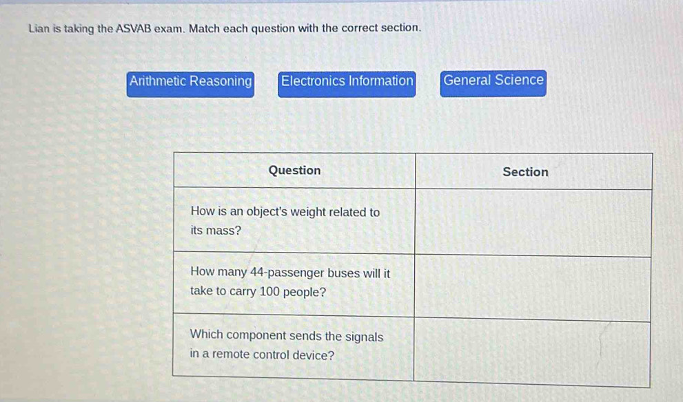 Solved: Lian is taking the ASVAB exam. Match each question with the ...