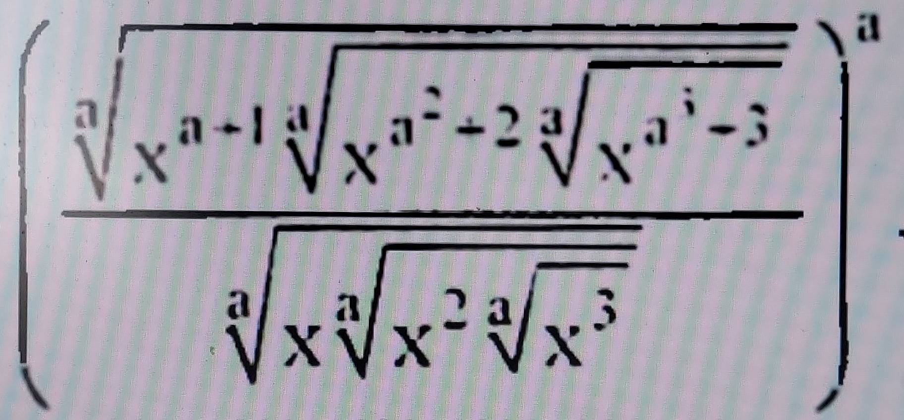 (frac sqrt[3](x^(a-1)sqrt [3]x^(a^2)+2sqrt [3]x^(a^3)-3)sqrt[3](xsqrt [5]x^2sqrt [3]x^3))^a