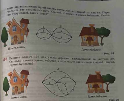 один из возможных путей заηлсмваетен каках, друтой — как δ2. Пере 
rслητе иéе возможиме пуτη Красhоî Ⅲавοчκив домик баδνиιкα. Сиолι 
ко получилось таких путей? 
Домик бабушки 
Pnc. 19
196 Ρешите залаαу 195 дя схемыдоронек, нзобраненной на рисунκе 20. 
Cколько элементариых собντηй в эτοм опыте запнсывается одπой, двумя, 
tрeмя буквами? 
Дομиκ бαбγικ 
Pwc. 20