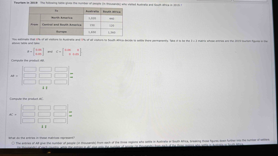 Tourism in 2019 The following table gives the number of people (in thousands) who visited Australia and South Africa in 2019.f
You estimate that 6% of all visitors to Australia and 5% of all visitors to South Africa decide to settle there permanently. Take A to be the 3* 2 matrix whose entries are the 2019 tourism figures in the
above table and take
B=beginbmatrix 0.06 0.05endbmatrix and C=beginbmatrix 0.06&0 0&0.05endbmatrix. 
Compute the product AB.
AB=beginbmatrix □ &□ &□  □ &□ &□  □ &□ &□ endbmatrix beginarrayr arrow  to endarray
Compute the product AC.
AC=beginbmatrix □ &□ &□  □ &□ &□  □ &□ &□ endbmatrix beginarrayr arrow  to endarray
What do the entries in these matrices represent?
The entries of AB give the number of people (in thousands) from each of the three regions who settle in Australia or South Africa, breaking those figures down further into the number of settlers
(in thousands) of each country, while the entries in AC give only the number of neople (in thousands) from each of the three regions who settle in Australia or South Africa