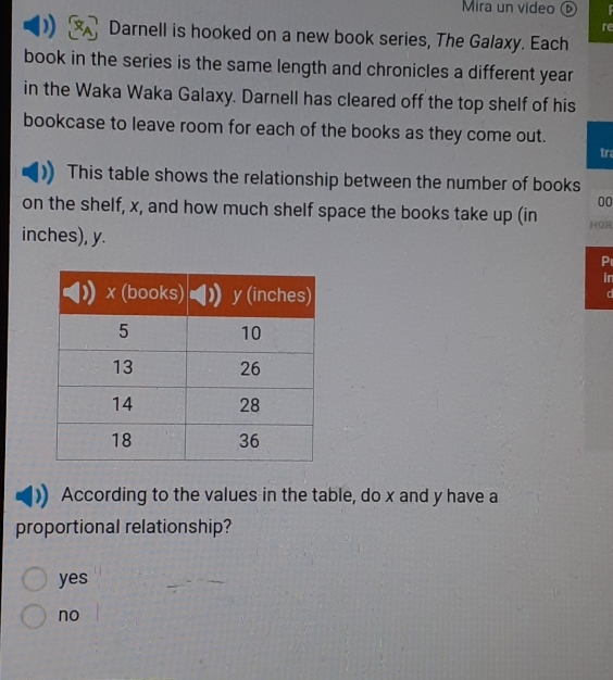 Mira un video 
re
1 Darnell is hooked on a new book series, The Galaxy. Each
book in the series is the same length and chronicles a different year
in the Waka Waka Galaxy. Darnell has cleared off the top shelf of his
bookcase to leave room for each of the books as they come out.
tra
This table shows the relationship between the number of books
00
on the shelf, x, and how much shelf space the books take up (in HOR
inches), y.
P
in
According to the values in the table, do x and y have a
proportional relationship?
yes
no