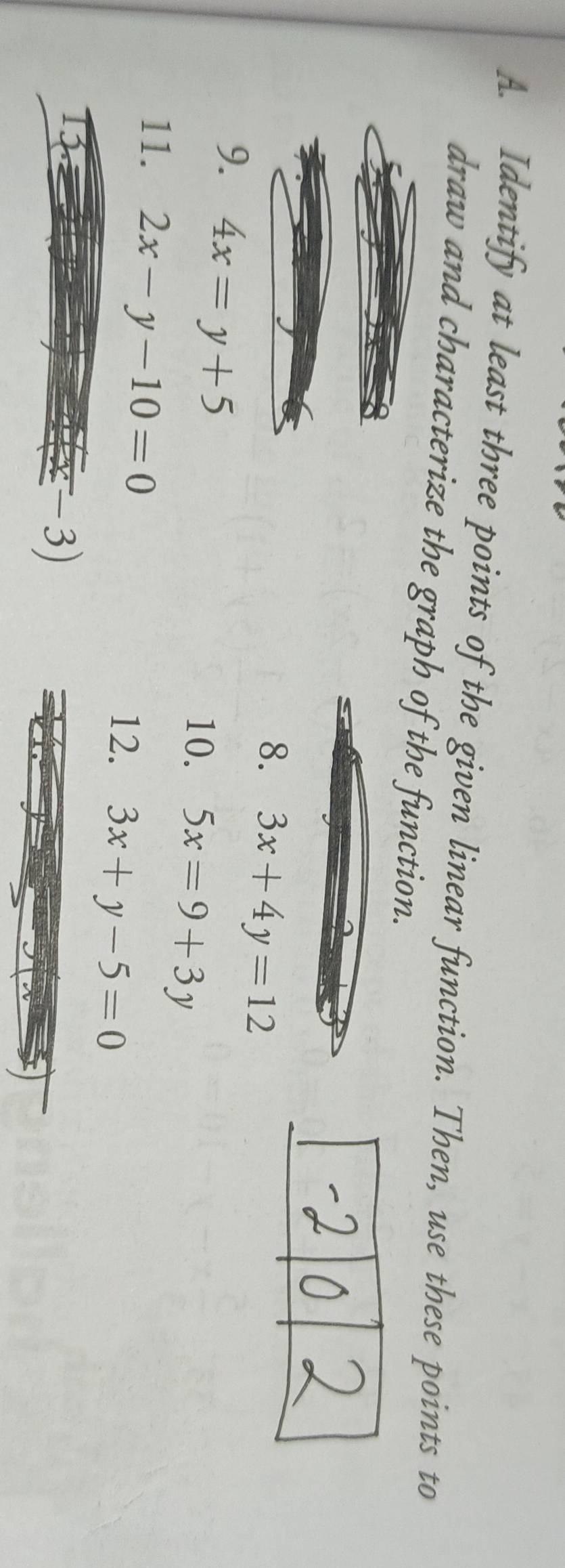 Identify at least three points of the given linear function. Then, use these points to 
draw and characterize the graph of the function. 
8. 3x+4y=12
9. 4x=y+5
10. 5x=9+3y
11. 2x-y-10=0
12. 3x+y-5=0
3