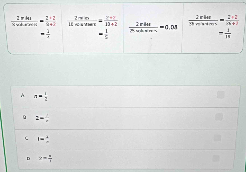 A n= l/2 
B 2= l/n 
C I= 2/n 
D 2= n/l 