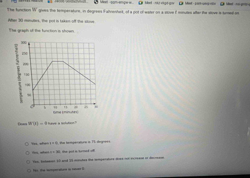 Savvás Reanze Gacob Göldschmidt Meet - qqm-emgw-w... Meet - nkz-vkgd-gsv Meet - psm-uevp-nbv Meel - nsi gnto 
The function W gives the temperature, in degrees Fahrenheit, of a pot of water on a stove & minutes after the stove is turned on
After 30 minutes, the pot is taken off the stove.
The graph of the function is shown.
Does W(t)=0 have a solution?
Yes, when 1=0 , the temperature is 75 degrees.
Yes, when t=30 , the pot is turned off.
Yes, between 10 and 15 minutes the temperature does not increase or decrease.
No the tamperature is never D.