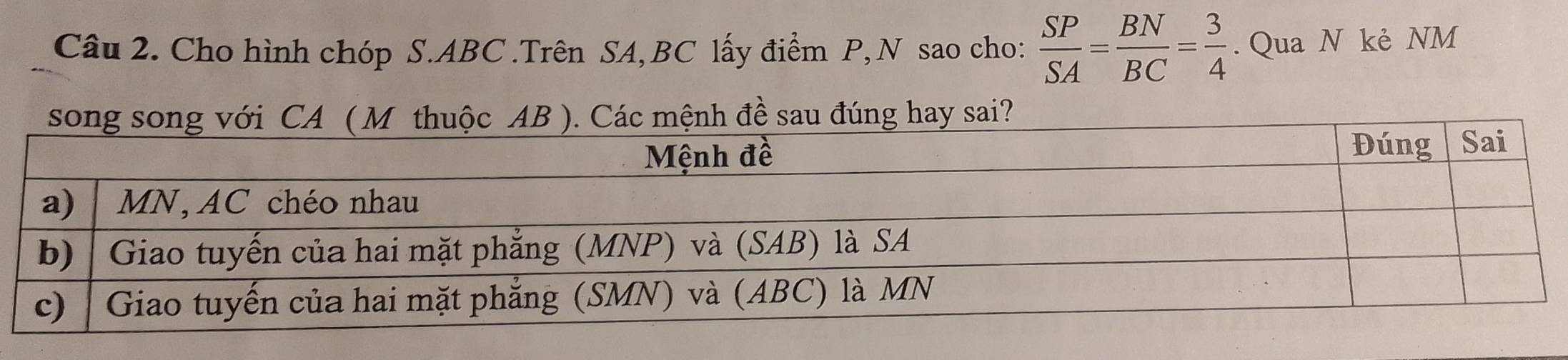 Cho hình chóp S. ABC.Trên SA, BC lấy điểm P, N sao cho:  SP/SA = BN/BC = 3/4 . Qua N kẻ NM
nh đề sau đúng hay sai?