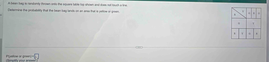 A bean bag is randomly thrown onto the square table top shown and does not touch a line. 
Determine the probability that the bean bag lands on an area that is yellow or green.
P(yellow or green) =□
(Simplify your answer.)