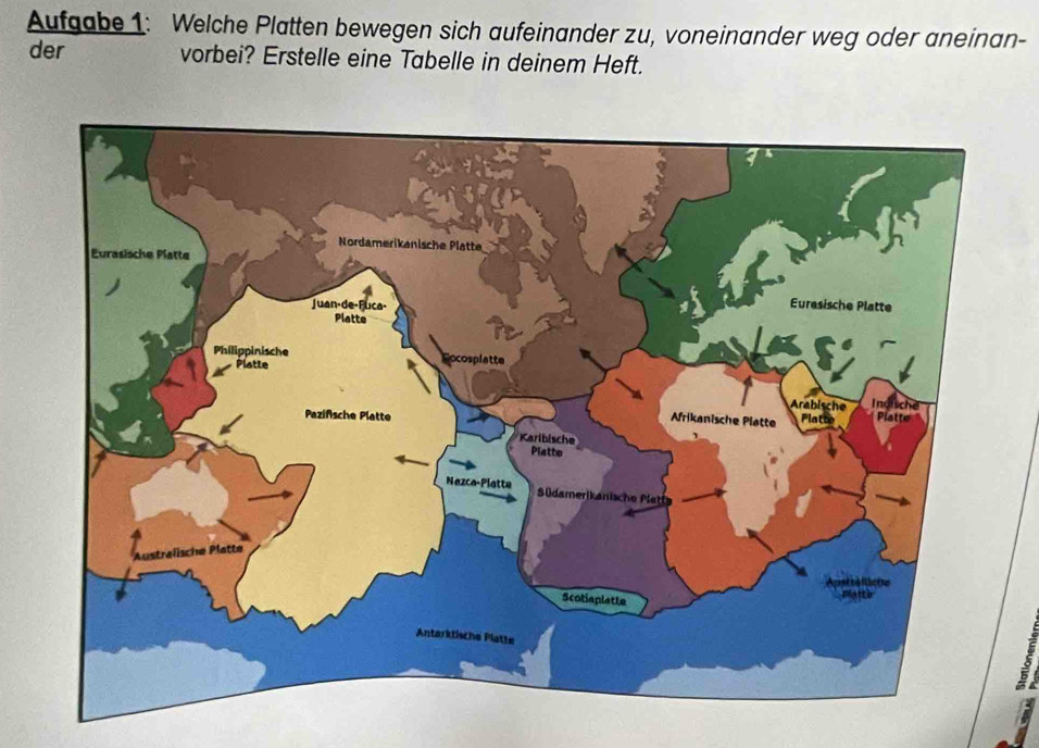 Aufgabe 1: Welche Platten bewegen sich aufeinander zu, voneinander weg oder aneinan- 
der vorbei? Erstelle eine Tabelle in deinem Heft.