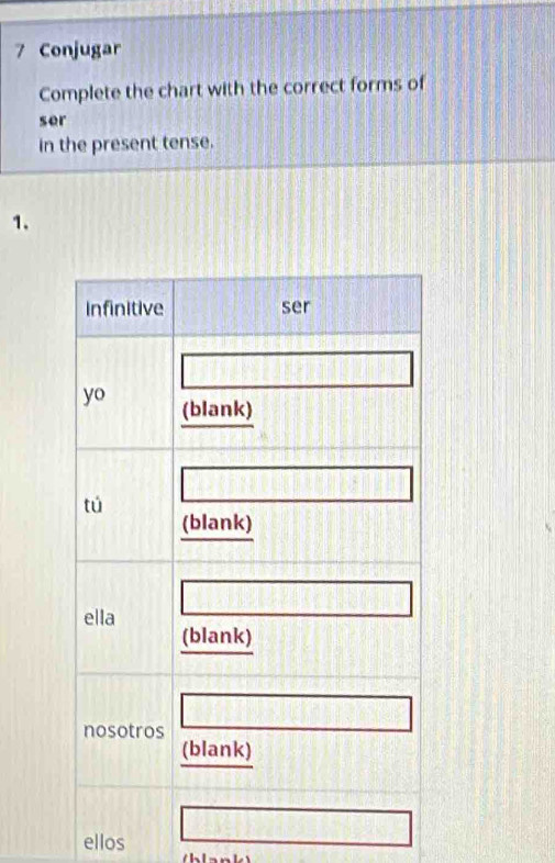 Conjugar 
Complete the chart with the correct forms of 
ser 
in the present tense. 
1. 
ellos