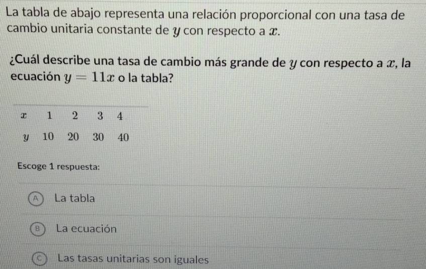 La tabla de abajo representa una relación proporcional con una tasa de
cambio unitaria constante de y con respecto a x.
¿Cuál describe una tasa de cambio más grande de y con respecto a x, la
ecuación y=11x o la tabla?
Escoge 1 respuesta:
La tabla
La ecuación
Las tasas unitarias son iguales