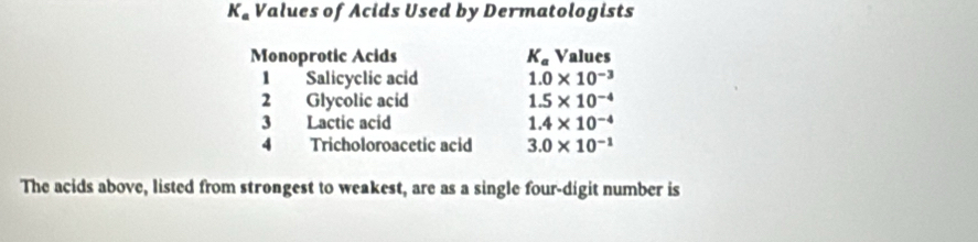 K_a Values of Acids Used by Dermatologists 
Monoprotic Acids K_a Values 
1 Salicyclic acid 1.0* 10^(-3)
2 Glycolic acid 1.5* 10^(-4)
3 Lactic acid 1.4* 10^(-4)
4 Tricholoroacetic acid 3.0* 10^(-1)
The acids above, listed from strongest to weakest, are as a single four-digit number is