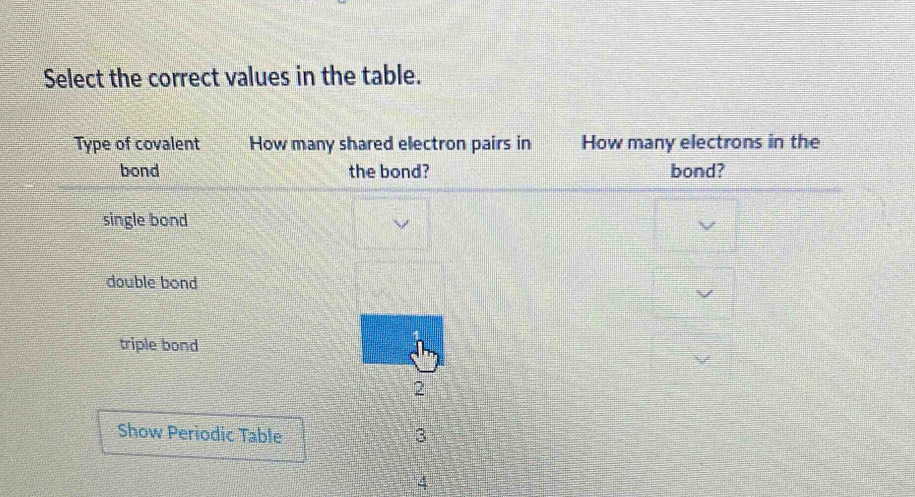 Select the correct values in the table.
4