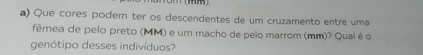 (mm). 
a) Que cores podem ter os descendentes de um cruzamento entre uma 
fêmea de pelo preto (MM) e um macho de pelo marrom (mm)? Qual é o 
genótipo desses indivíduos?